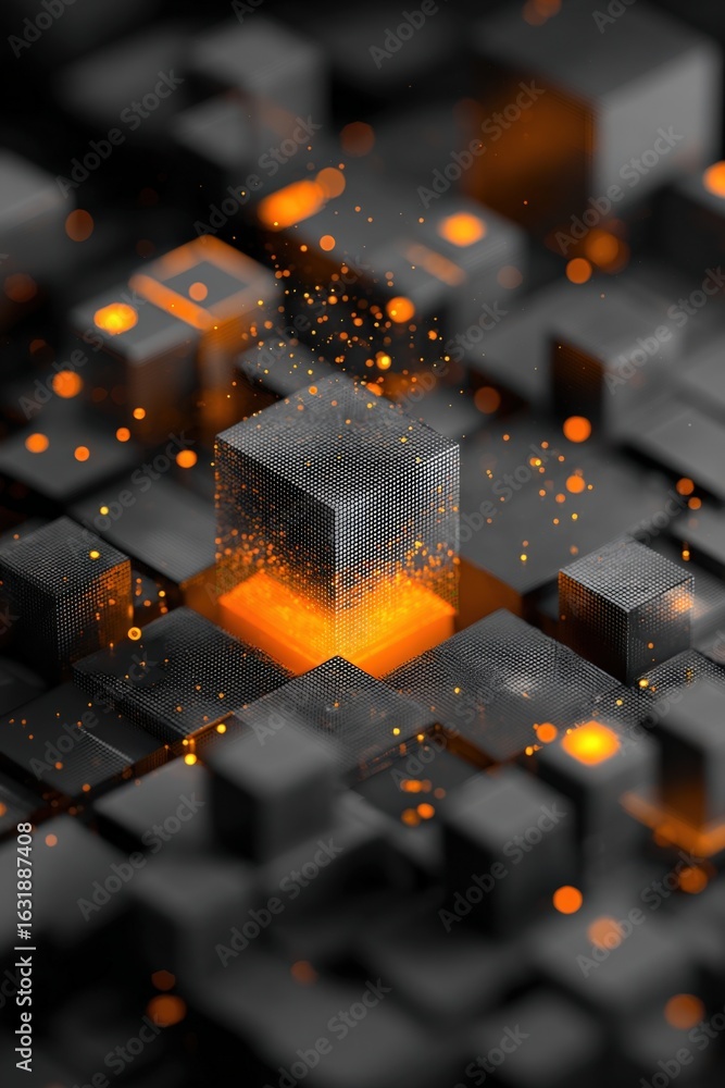 Poster abstract digital cubes with glowing orange light: modern technology and data visualization concept