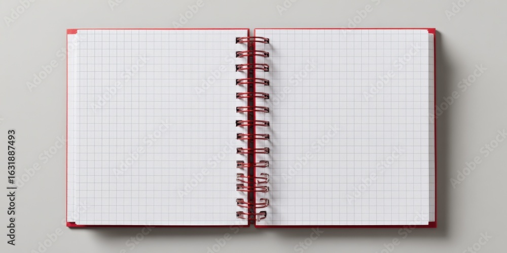 Poster open spiral notebook with graph paper, blank pages ready for text or creative drawing