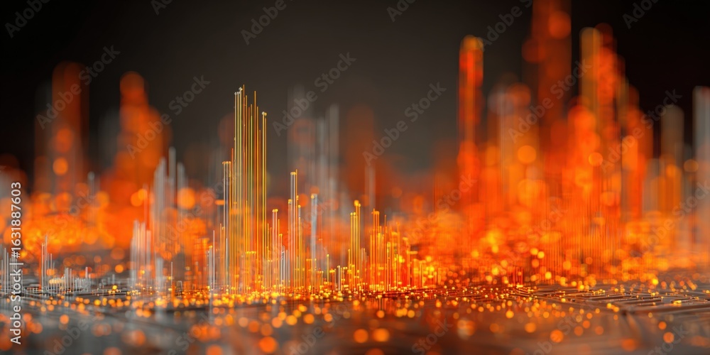 Poster abstract glowing data visualization with orange and yellow bars against a dark blurred background