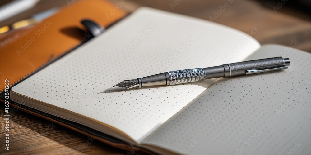 Poster open notebook with pen resting on dotted pages for writing and planning concepts