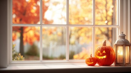 Cozy Autumn Window Scene with Pumpkins and Lantern for Halloween and Thanksgiving Celebration