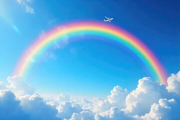 Vibrant Rainbow Arc in Clear Blue Sky Whimsical Flight and Magical Journey