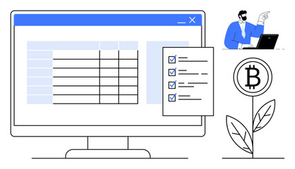 Computer screen displaying data table and checklist, man working on laptop, Bitcoin plant. Ideal for technology, blockchain, cryptocurrency, investment, fintech strategy growth. Simple flat