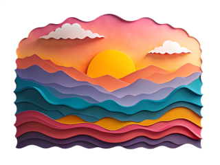 Layered paper cut sunset over rolling hills isolated on a transparent background image