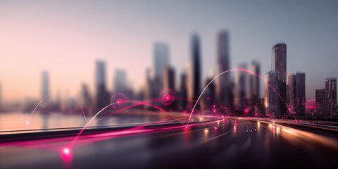 Cityscape network communication with data streams over urban skyline symbolizing digital connectivity