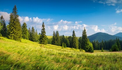 forest in a mountain landscape trees on the grassy hill of the beautiful scenery wonderful sunny nature background slavsko ukraine