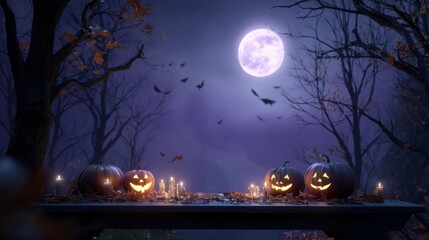 Fototapeta premium Halloween Night Scene with Jack-o'-Lanterns and Full Moon, Festive Autumn Decoration