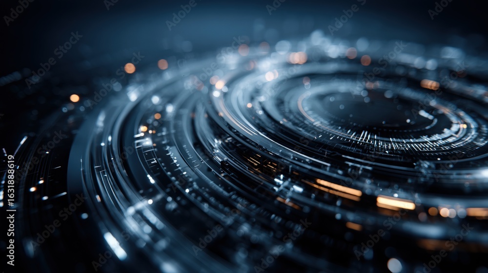 Poster abstract futuristic technology background with circular swirls of data and glowing particles depicti