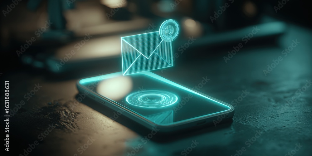 Poster holographic email notification on smartphone screen: digital communication concept with neon style i