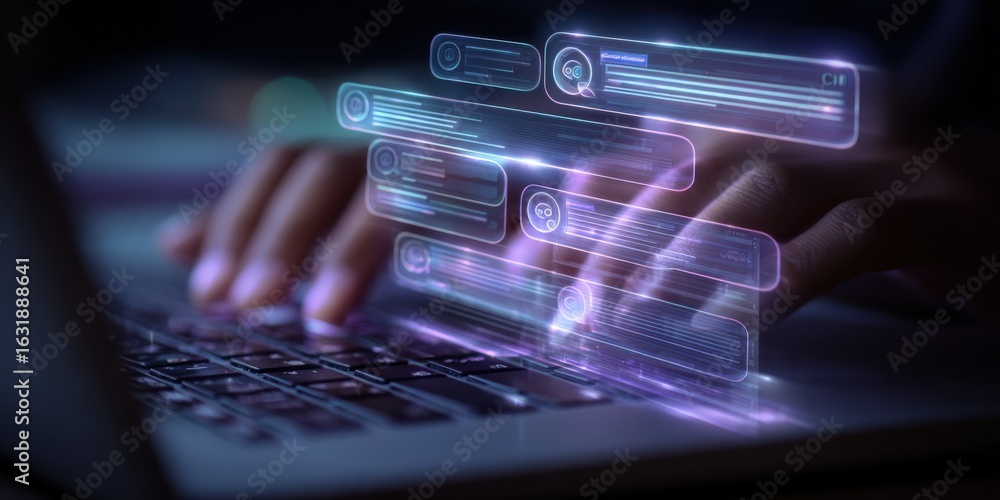 Poster typing on laptop with holographic notifications overlay, digital communication and technology concep