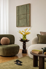 Stylish living room with retro armchairs, green and beige tones and sculptural table decorated with flowers and ceramics. 