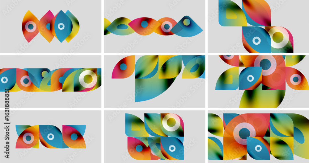 Poster abstract colorful shapes overlap, creating dynamic compositions. gradients blend hues, forming moder
