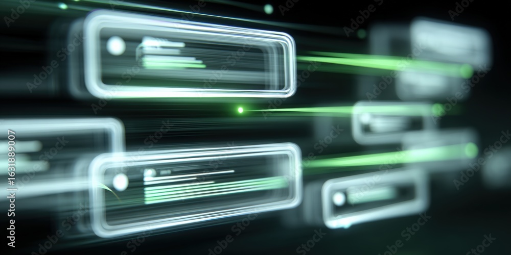 Poster futuristic network nodes connection, data transfer and processing concept with green light streaks a