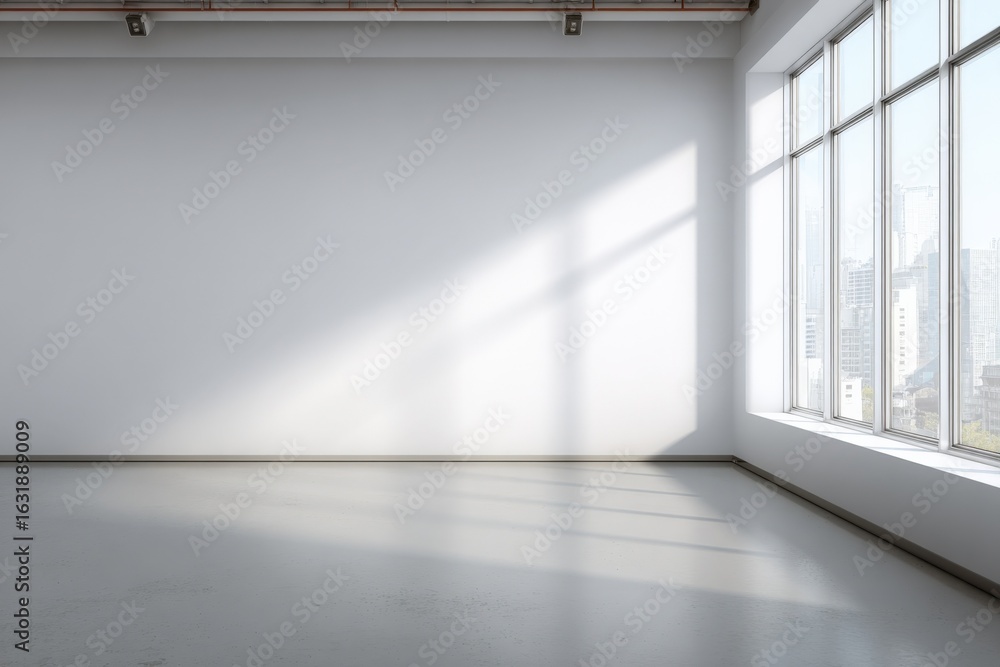 Poster bright empty room with large window overlooking cityscape, ideal for interior design mockups and com