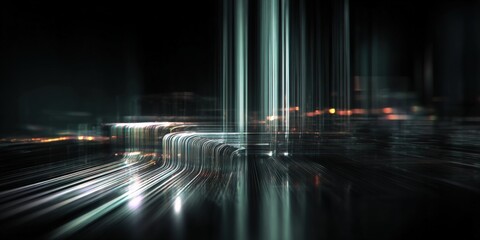 Abstract Light Streaks with Cityscape Reflections, Dark Background, Futuristic and Modern Design for Technology