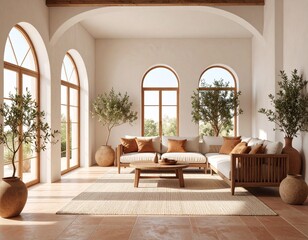 Warm Mediterranean living room with arched windows, terracotta floors, white stucco walls, rustic wooden beams, and cozy natural light creating inviting, sunlit ambiance.

