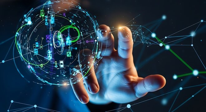 A person's hand reaching for a luminous sphere of digital information, symbolizing global networking, innovation, and future technology.