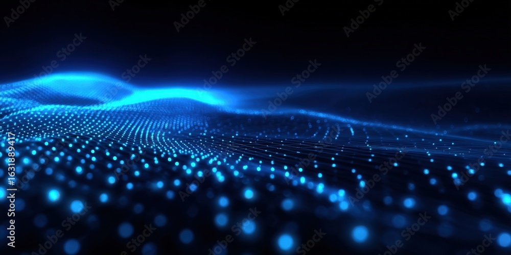 Poster futuristic digital technology background with glowing blue particles, data stream visualization, and