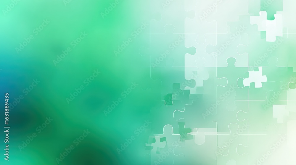 Poster abstract green puzzle design: interlocking pieces for business solutions and creative problem solvin
