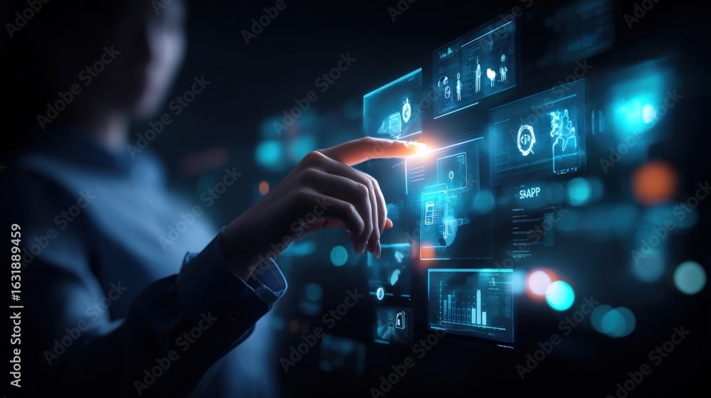 Aufkleber futuristic technology interface: woman interacting with holographic display for data analysis and di