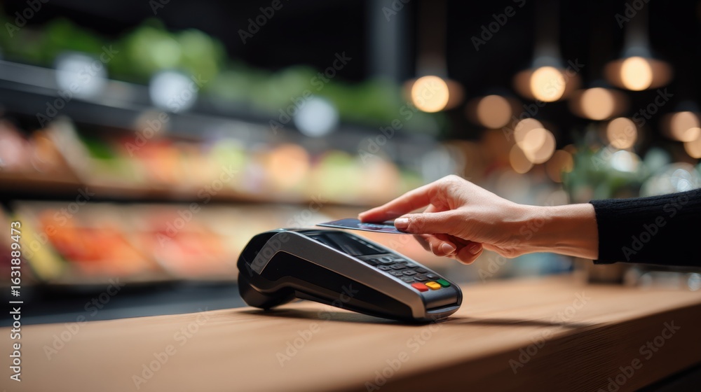 Poster contactless payment at grocery store checkout using credit card on pos terminal for transactions