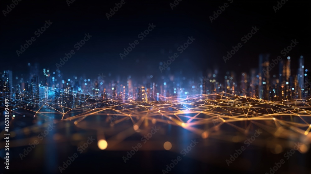Poster futuristic cityscape with network connection, abstract digital technology background illustrating co