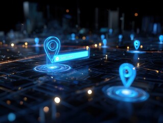 Digital Cityscape with Location Pins: A High-Tech Urban Navigation and Connectivity Concept