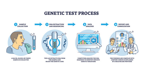 Genetic test process shows sample collection, DNA extraction, and data analysis steps with clear icons. Outline diagram
