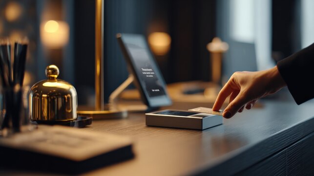 Modern Hotel Check-In: Guest Using Contactless Payment at Reception Desk for Seamless Experience