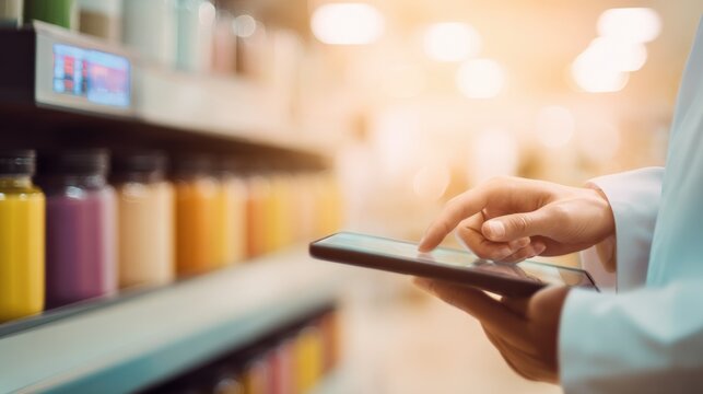 Pharmacist Using Digital Tablet to Manage Inventory in Drugstore, Checking Medicines on Shelf, Healthcare