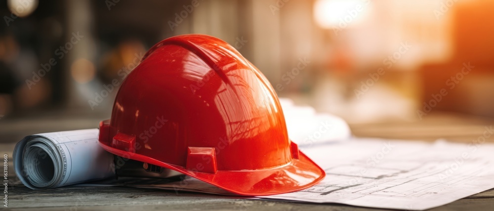 Poster the red hardhat resting on architectural blueprints in an industrial workspace.