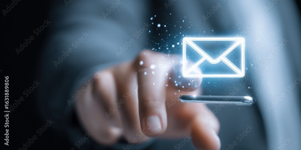Aufkleber person touching a digital display with email icon, conceptual image for communication and notificati