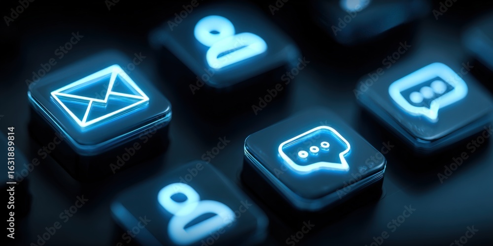 Poster futuristic interface buttons featuring email, message, and user profile icons with neon illumination