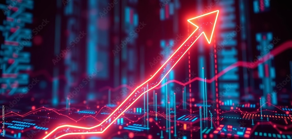 Poster abstract glowing arrow rising on technological background, data streams visualizing financial growth