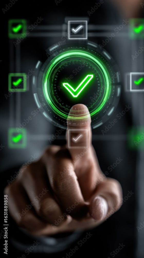 Poster digital checklist confirmation: a person taps a holographic checkmark on an interactive interface