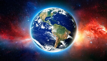 Obraz premium earth in cosmic space with blue glow and red nebula background