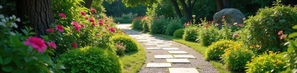 Obraz premium Tranquil Garden Path Winding stone pathway through lush greenery and vibrant flowers leads to a peaceful seating area bathed in dappled sunlight, perfect for relaxation and serenity.