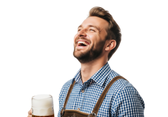 PNG cut out isolated background. A joyful young man in traditional Bavarian lederhosen laughs while holding a beer for Oktoberfest.

