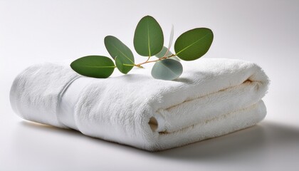 a single folded white towel with a fresh green eucalyptus branch placed on top set against a seamless white background the composition exudes spa like tranquility and freshness