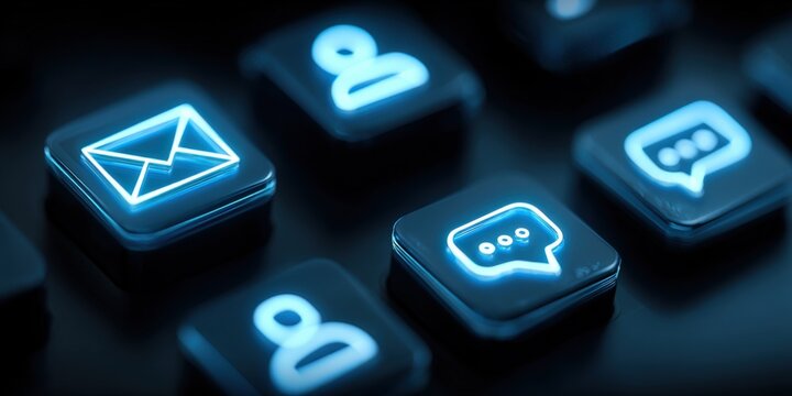 Futuristic Interface Buttons Featuring Email, Message, and User Profile Icons with Neon Illumination