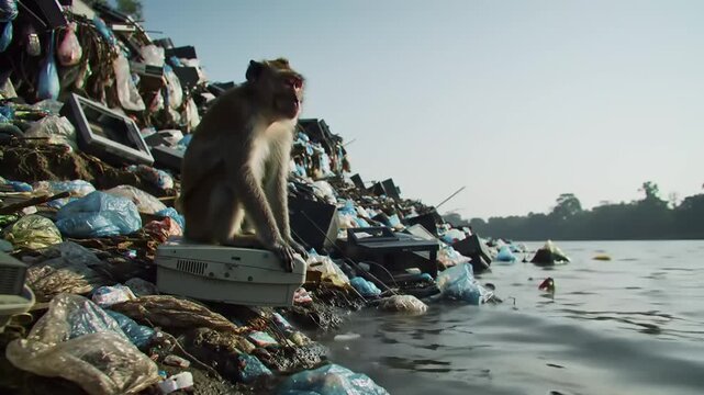 Monkey sitting on a discarded computer by a polluted river, surrounded by trash and debris