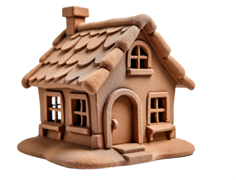 Miniature clay house with textured roof and arched doorway isolated on a transparent background brown