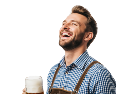 PNG cut out isolated background. A joyful young man in traditional Bavarian lederhosen laughs while holding a beer for Oktoberfest.

