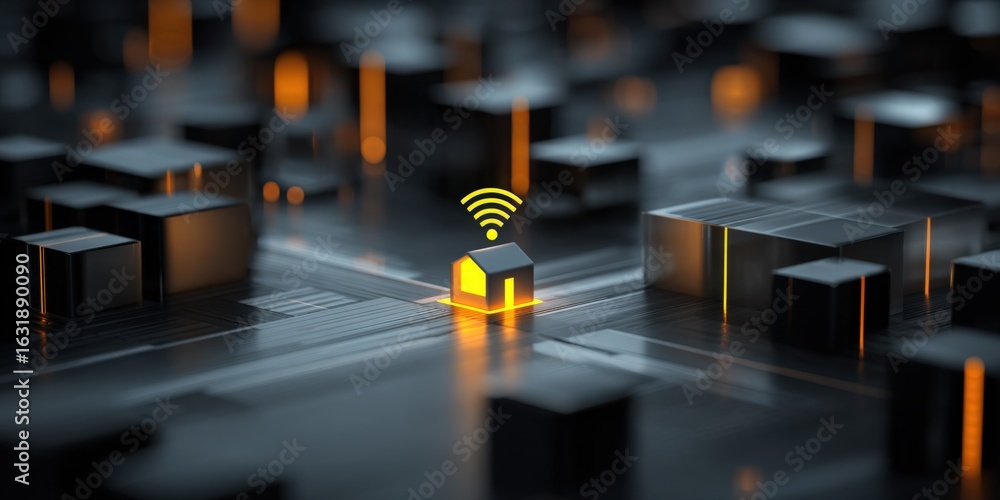 Poster smart home connection: abstract illustration of wireless technology and network connectivity for mod