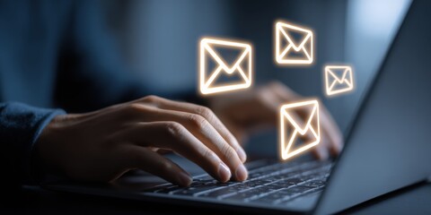 Professional typing on laptop with email marketing graphics overlay for online business success