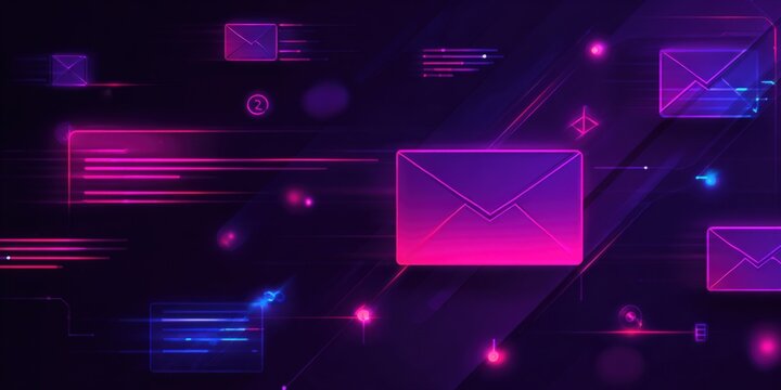 Neon Email Communication Concept with Glowing Envelopes Floating in Digital Space for Global Connectivity