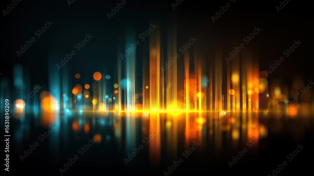 Poster abstract cityscape at night with bright lights and reflections, creating a dynamic visual