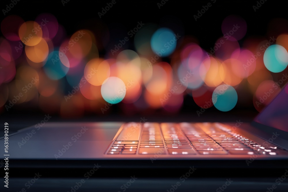 Poster close-up of laptop keyboard with bokeh lights background, representing modern technology and connect
