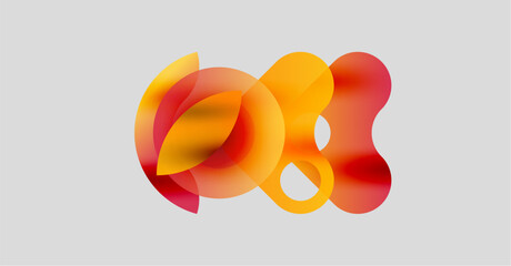 Abstract design features overlapping orange, red shapes. Gradient colors create dynamic visual effect on gray background. Modern, fluid forms.
