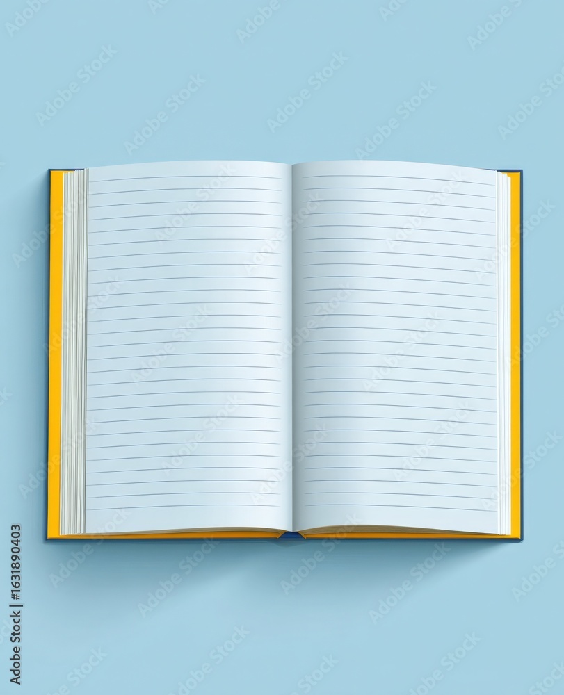 Poster open notebook with lined pages on blue background: mockup for writing and journaling projects